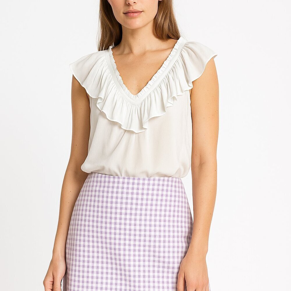 Ramy Brook White Ruffle V Neck Flutter Sleeve Blouse Top Small